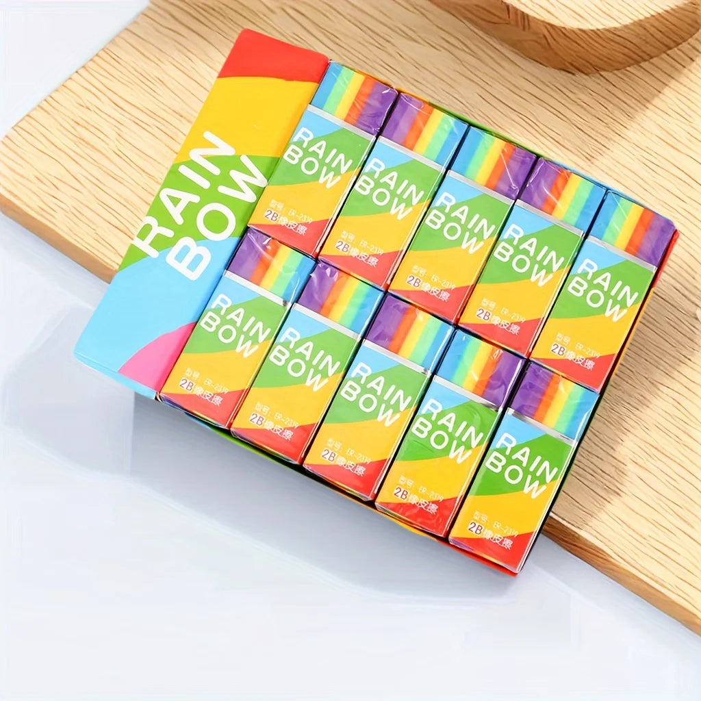 Rainbow 2B Pencil Erasers — Soft PVC Stationery for Writing & Drawing