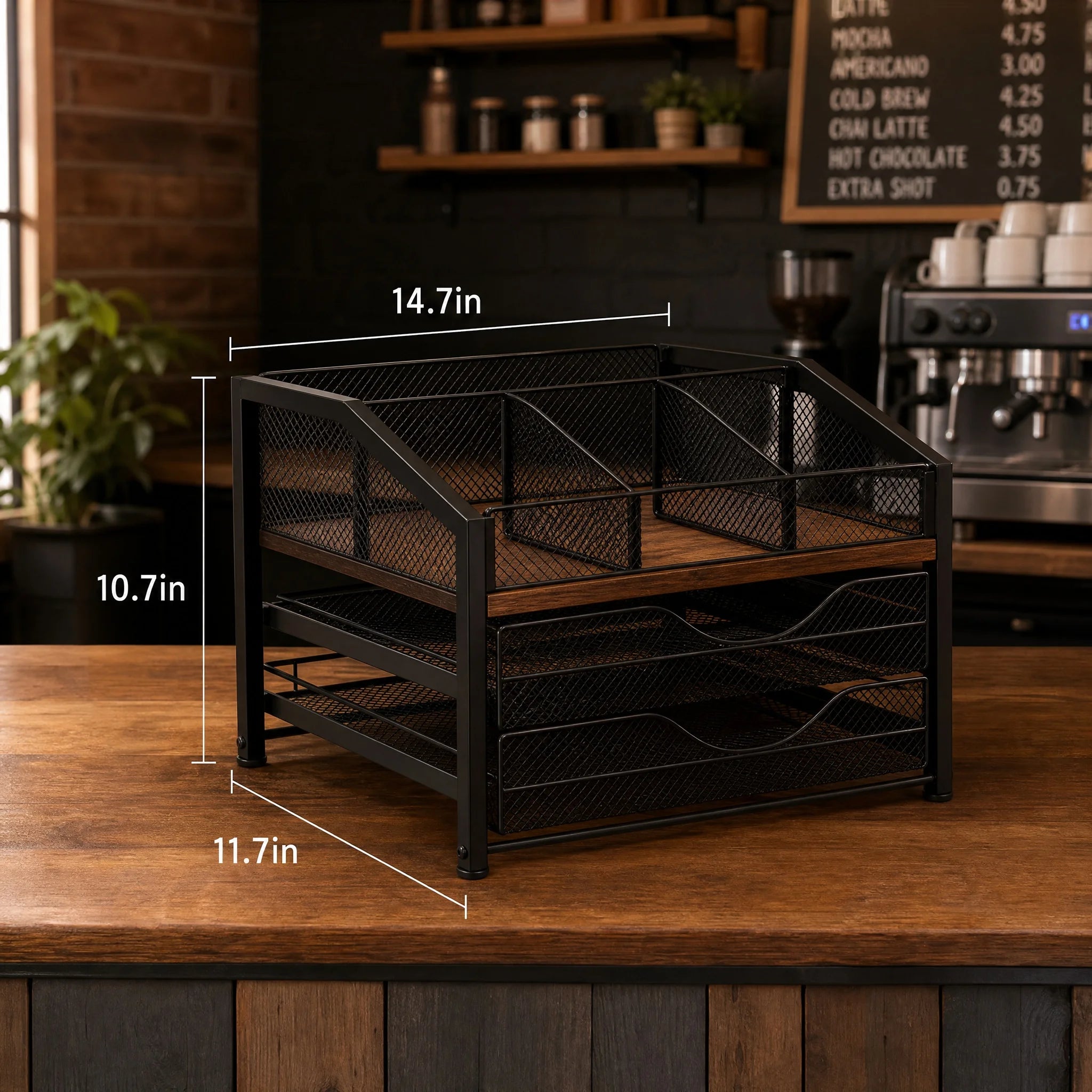 Coffee Bar Organizer — Metal and Wood Station for Countertop