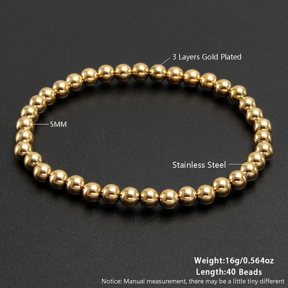 MHS.SUN Stainless Steel Beaded Bracelet — Gold Plated Stackable Jewelry