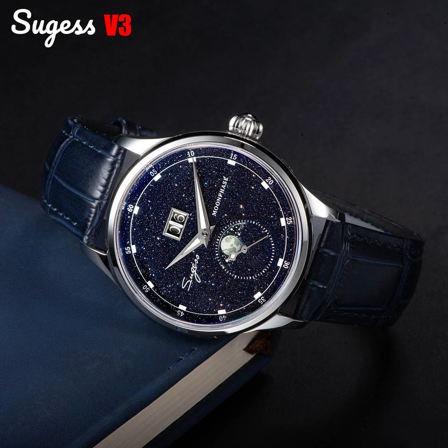 SUGESS Moonphase Automatic Watch — Blue Sandstone Dial & Sapphire Crystal