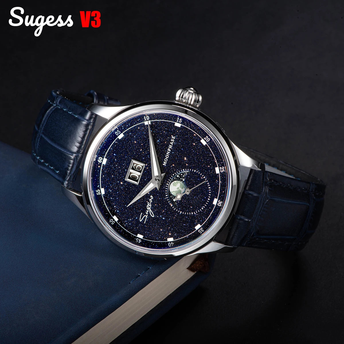 SUGESS Moonphase Automatic Watch — Blue Sandstone Dial & Sapphire Crystal