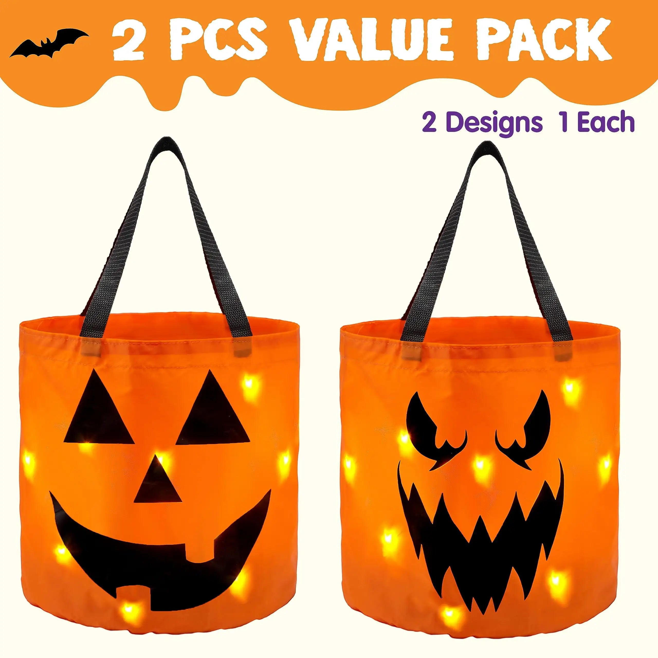 Joyfy LED Pumpkin Candy Buckets — Light-Up Trick or Treat Bags, 2 Pack