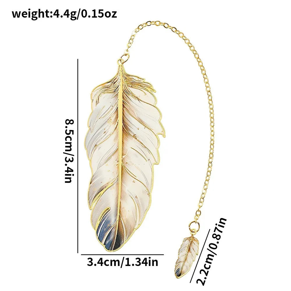 Elegant Metal Feather Bookmark — Decorative Page Marker with Pendant