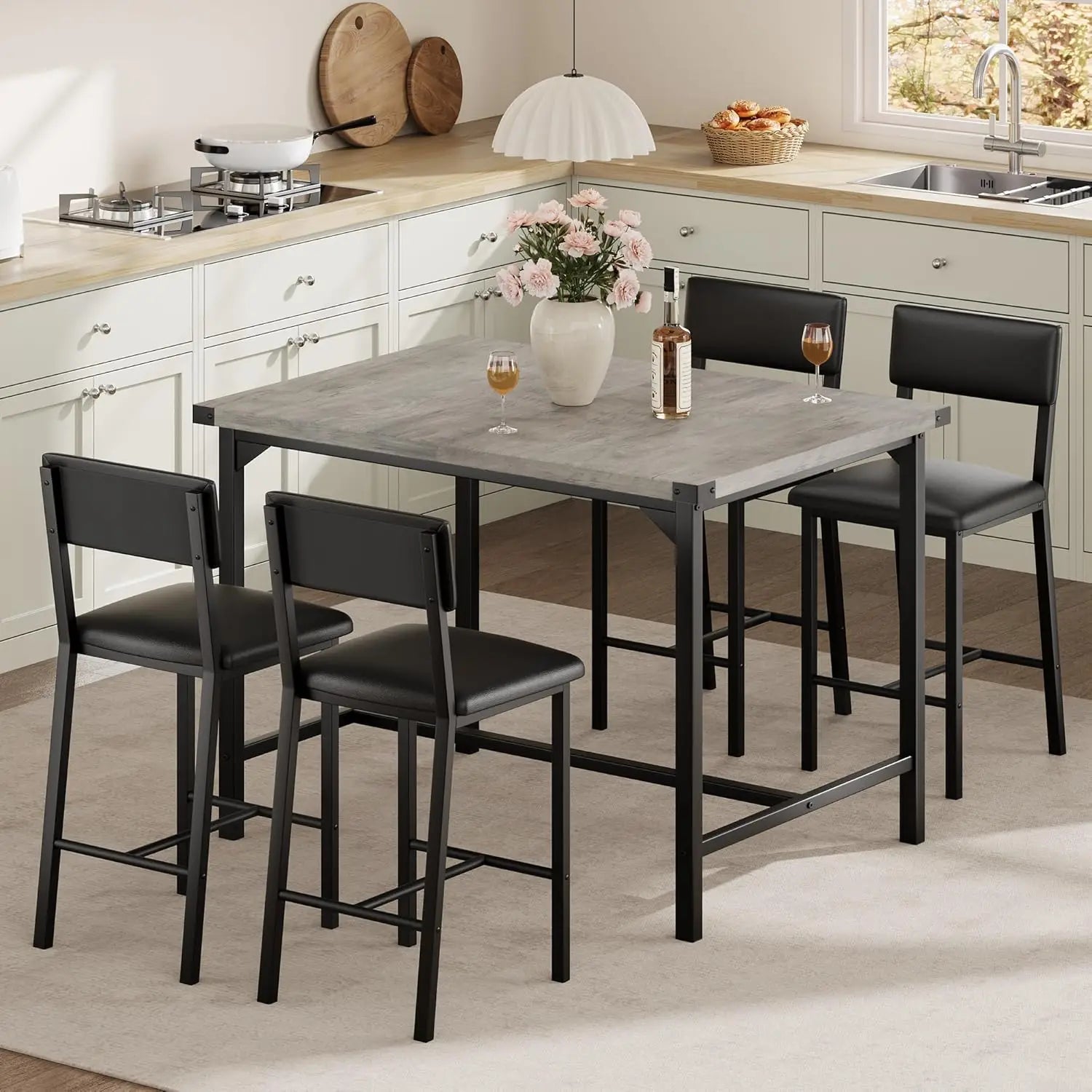 HiMISS 5-Piece Dining Table Set — Modern Bar Table with 4 Upholstered Chairs