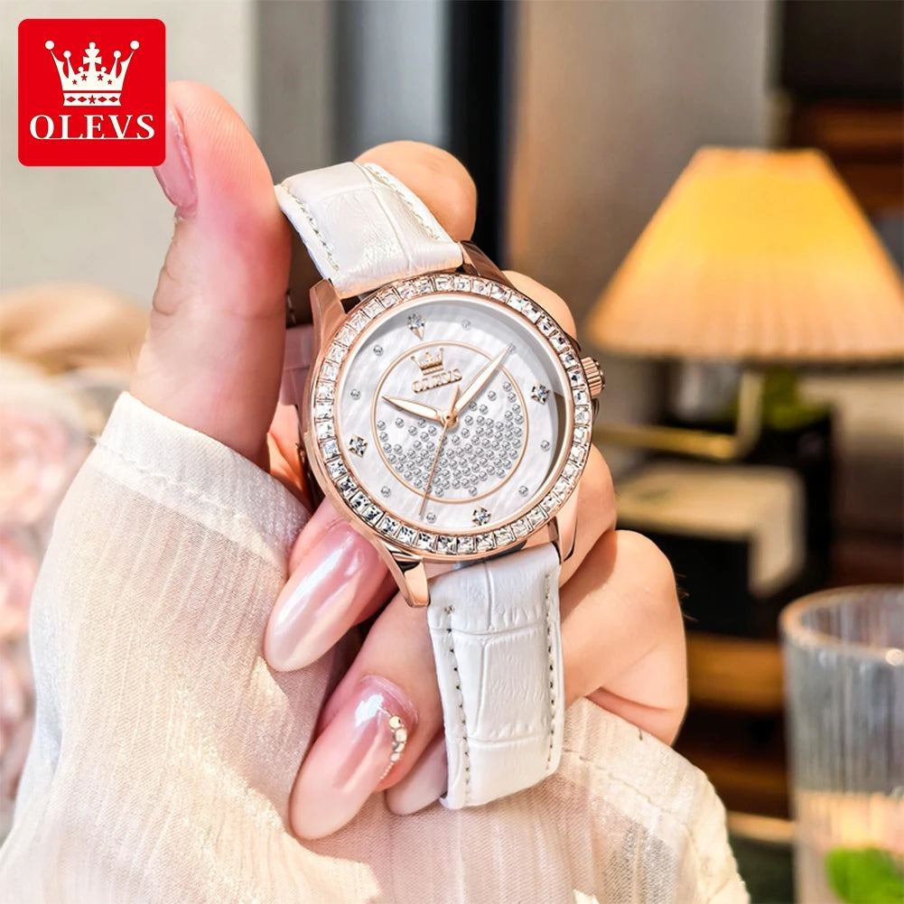 OLEVS Women's Luxury Quartz Watch — Diamond Accents & Leather Strap