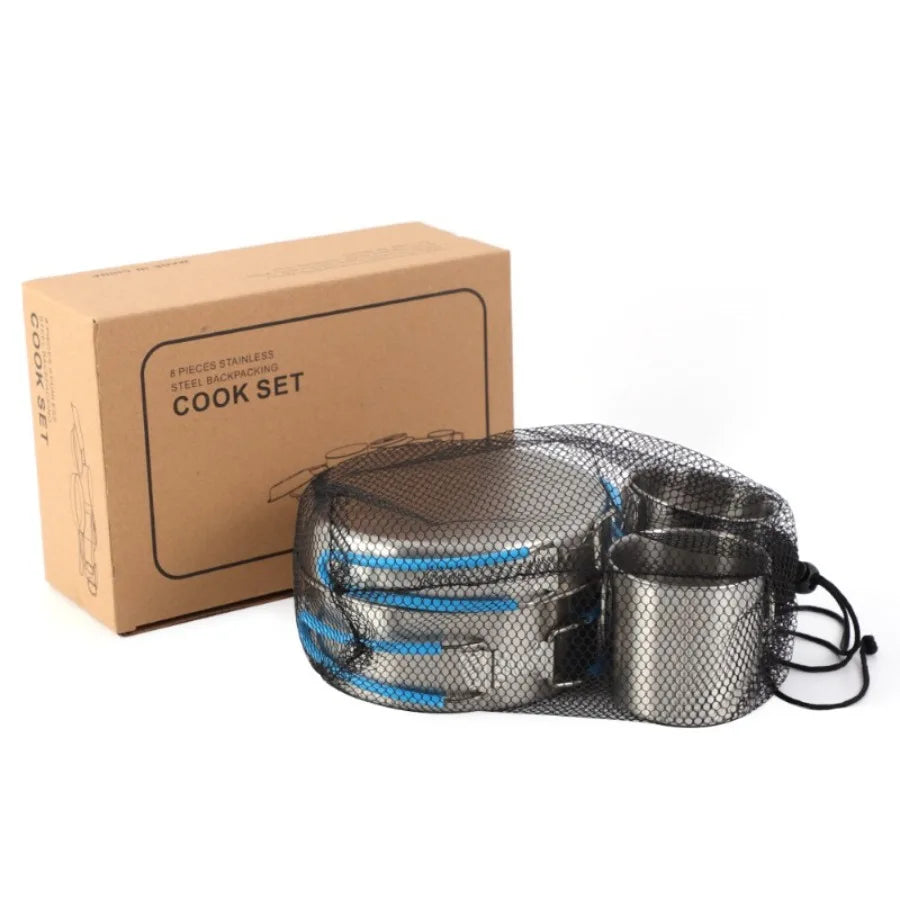 8-Piece Stainless Steel Camping Cookware Set — Portable Foldable Pot & Kettle