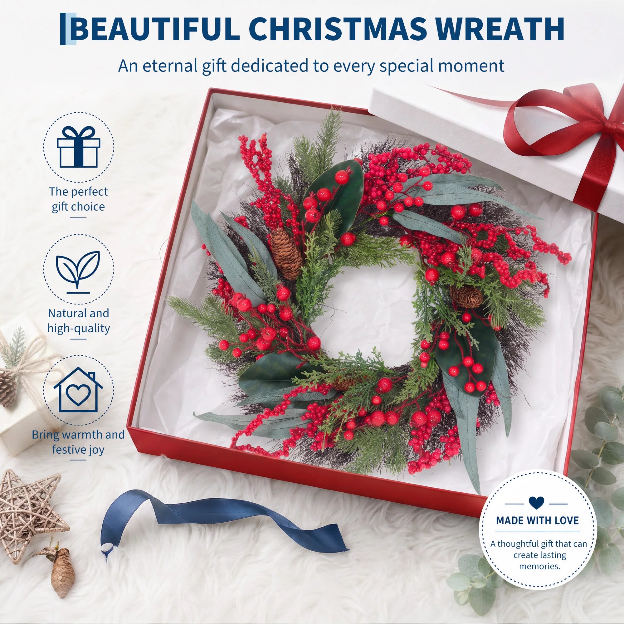Artificial Christmas Wreath with Pine & Red Berries — Faux Greenery Holiday Decor