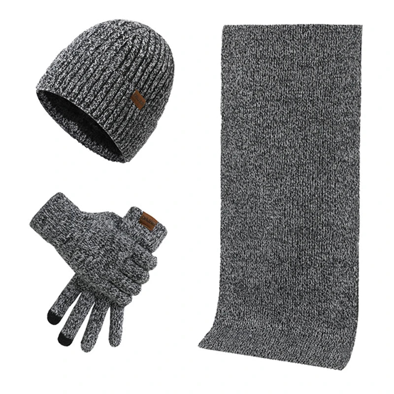 Kinelue Men's Winter Warmth Set — Knitted Beanie, Scarf & Touchscreen Gloves