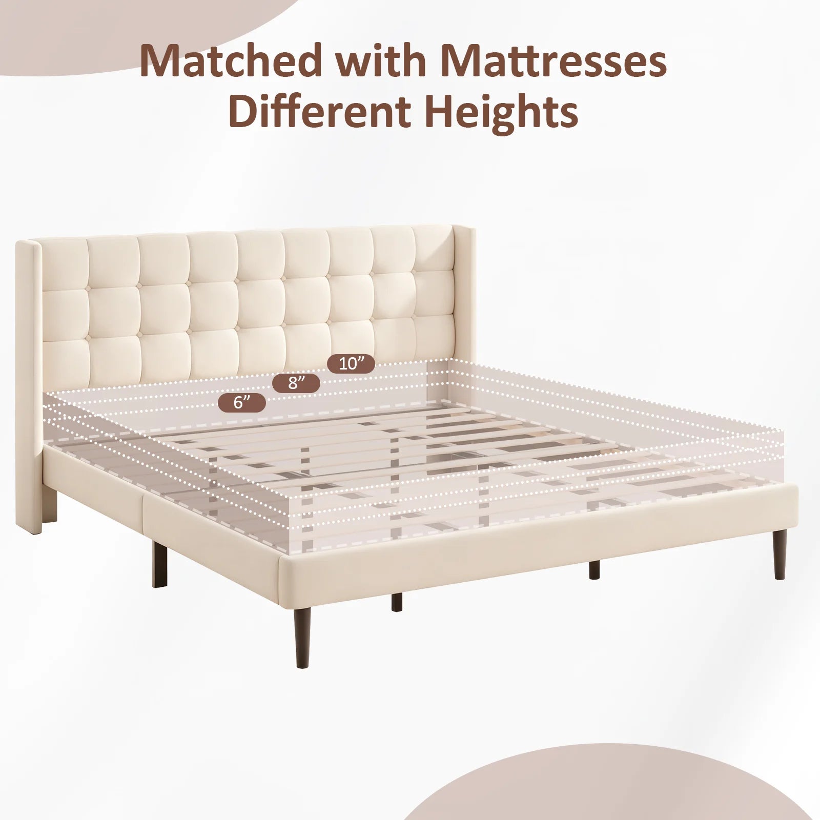 Sismplly Wingback Upholstered Platform Bed Frame — Tufted Linen Headboard