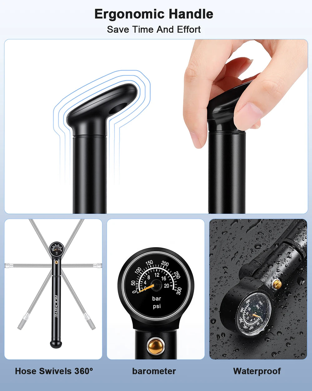 Rockbye Portable Bike Pump — High Pressure 300 PSI Manual Inflator