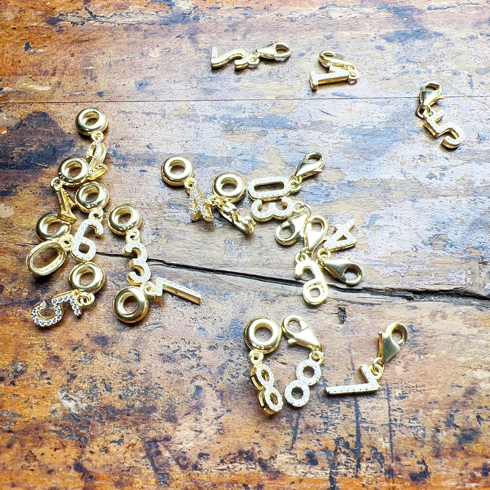 Thaddaeus Gold Plated Number Letter Charm — 925 Sterling Silver Zirconia Pendant