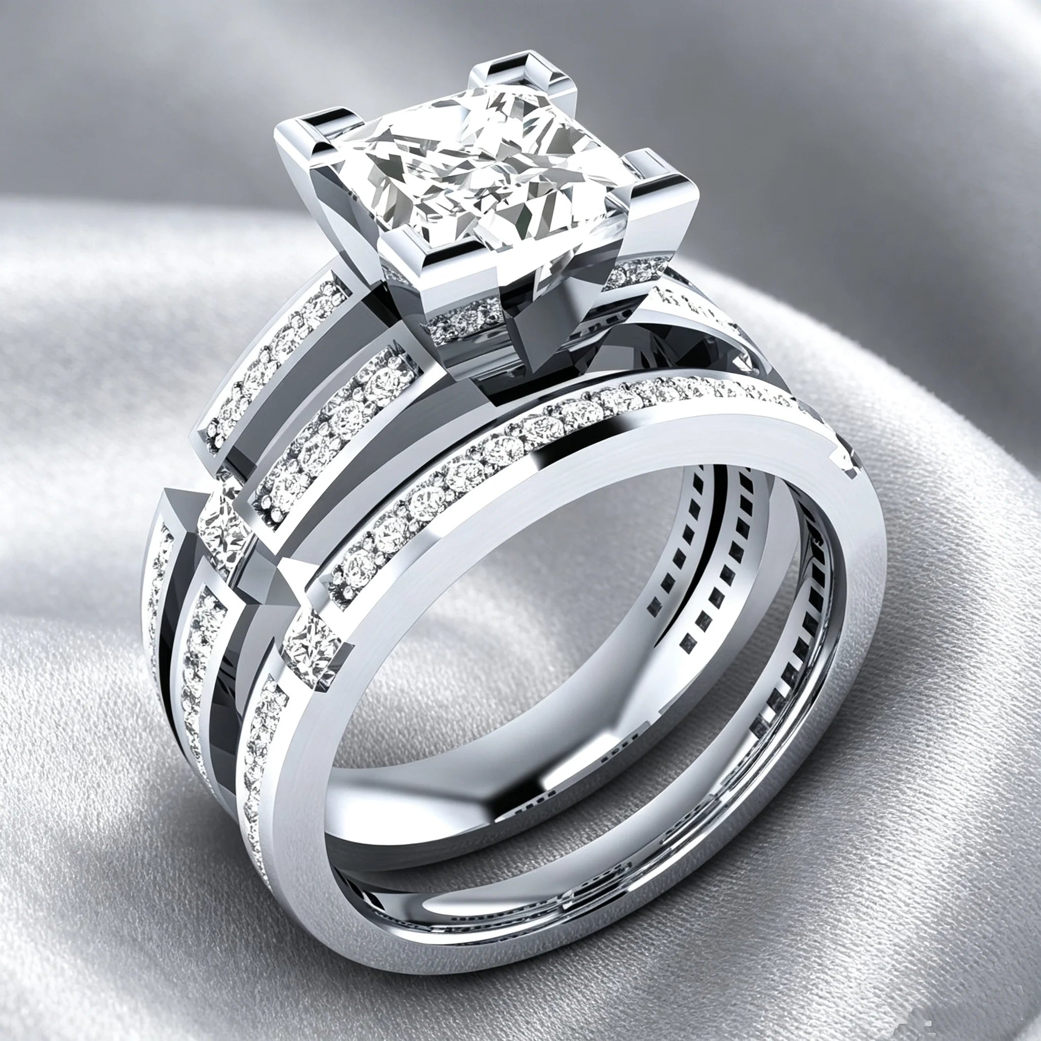 LYEE CYEE Princess Cut Moissanite Bridal Ring Set — Sterling Silver Wedding Bands