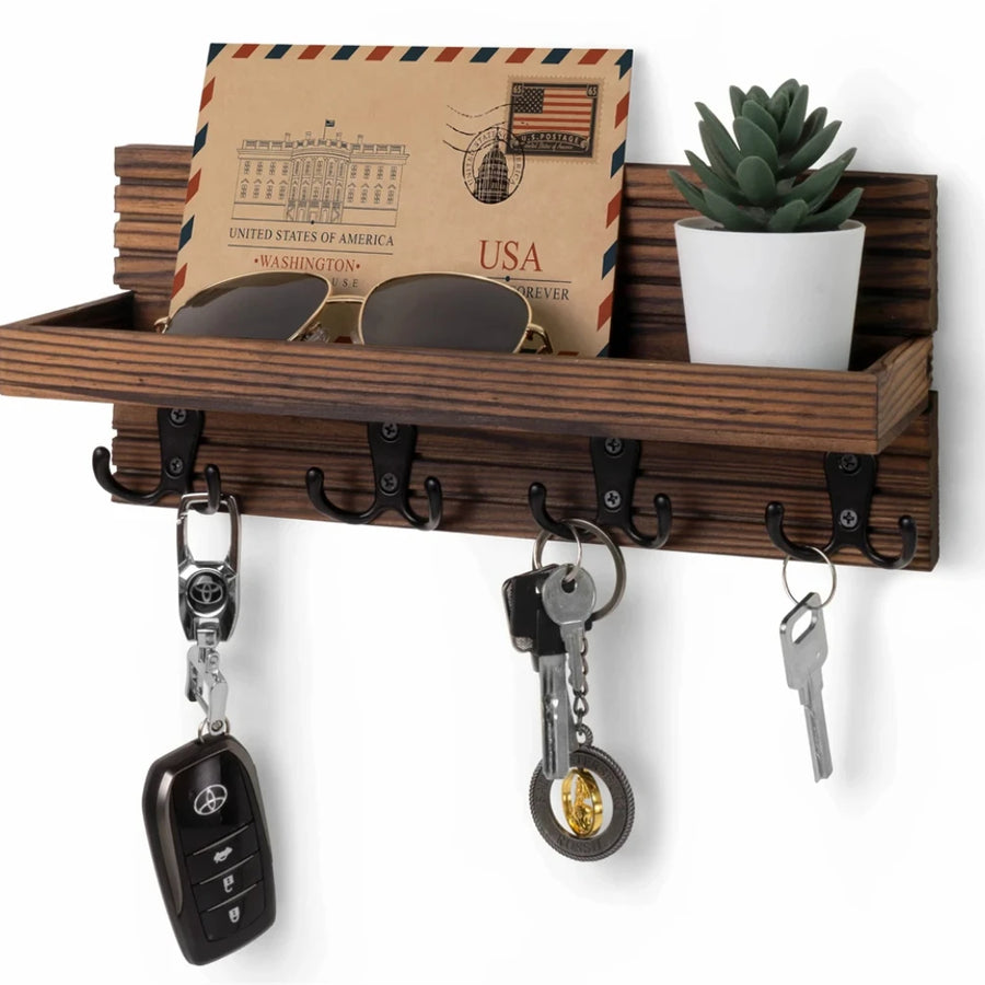 Wooden Wall Mounted Key Holder — Rustic Entryway Organizer with 4 Hooks