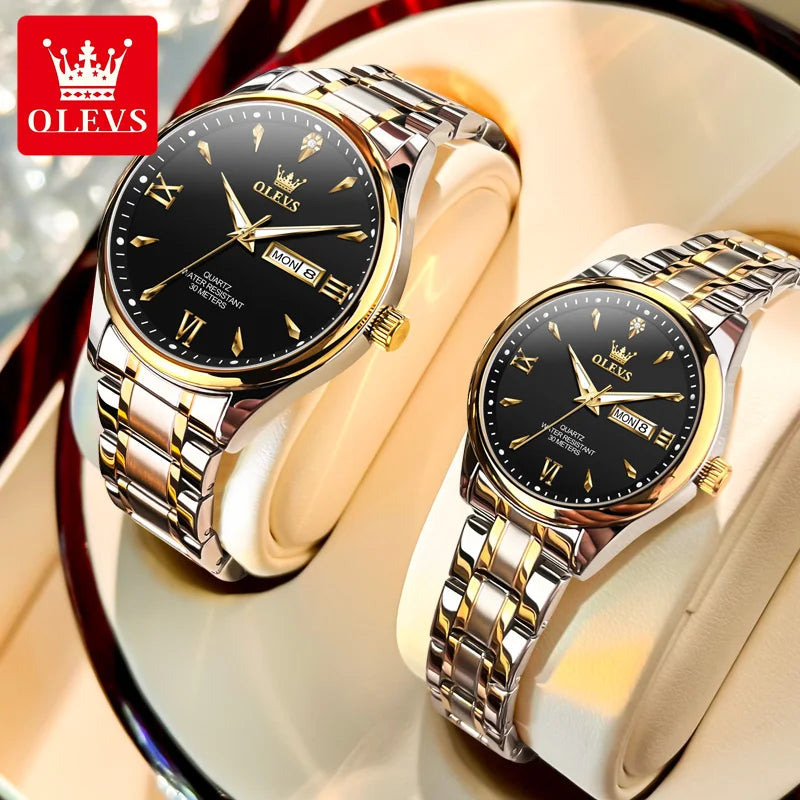 OLEVS 9806 Luxury Couple Watch Set — Waterproof Quartz Timepiece with Luminous Display