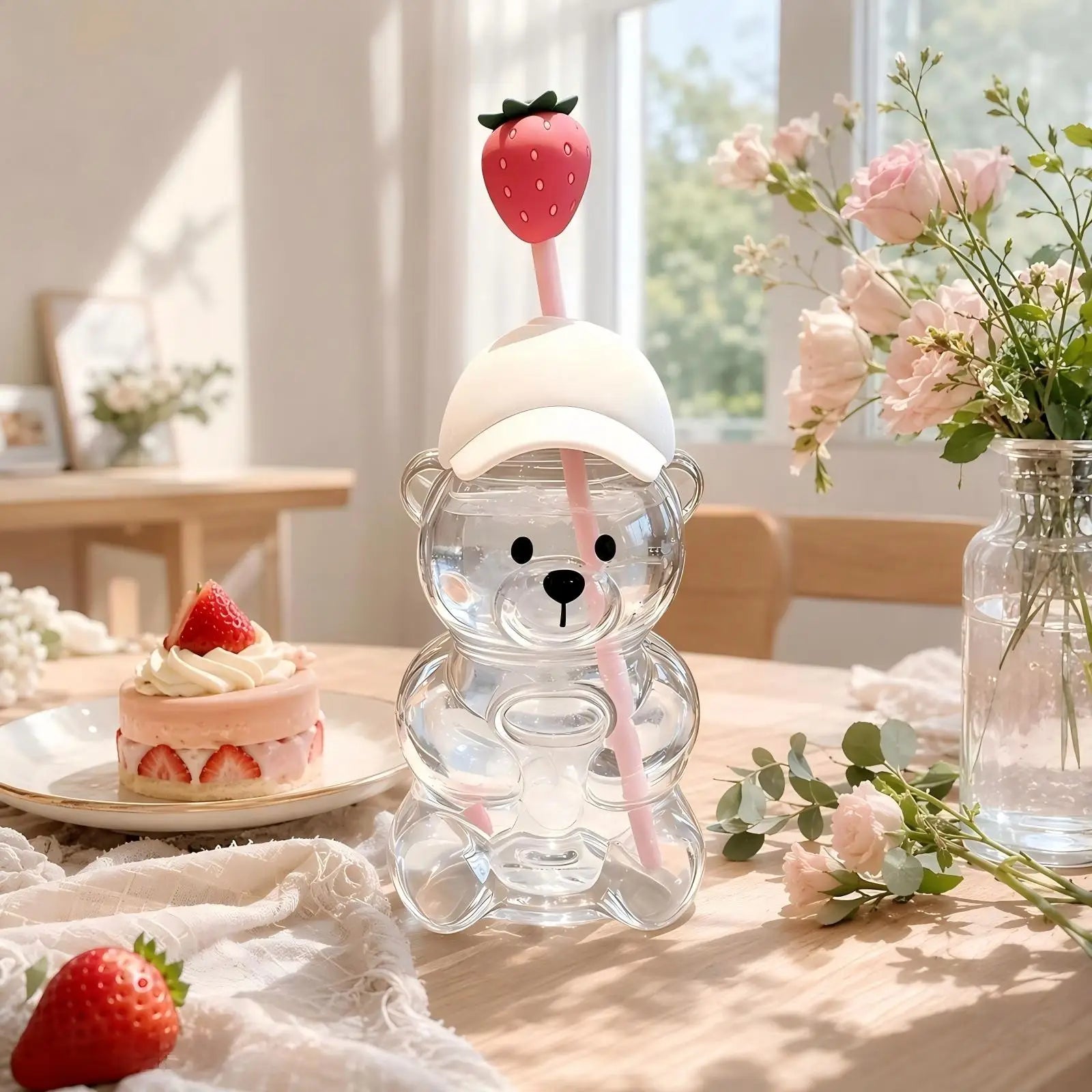 Cute Bear Shaped Glass Cup — 20oz Adorable Drinking Bottle with Straw