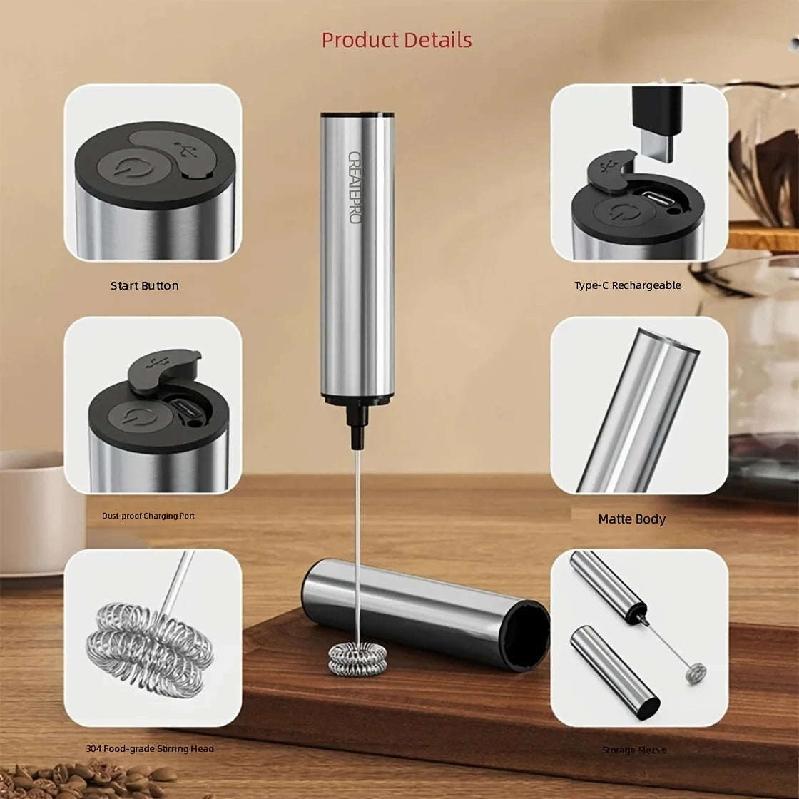 Rechargeable Stainless Steel Milk Frother — 2 Speed Settings for Lattes & Espresso