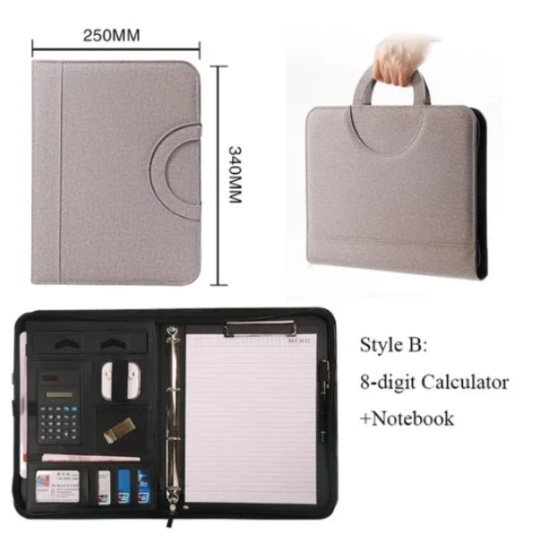 PU Leather A4 Conference File Pad — Professional Zippered Binder & Briefcase