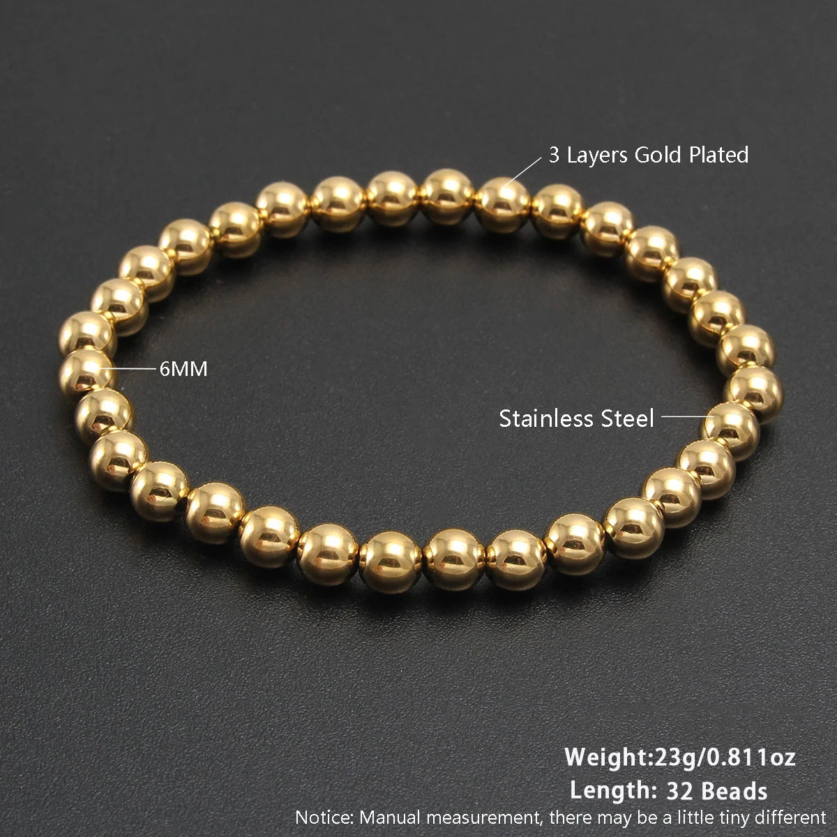 MHS.SUN Stainless Steel Beaded Bracelet — Gold Plated Stackable Jewelry