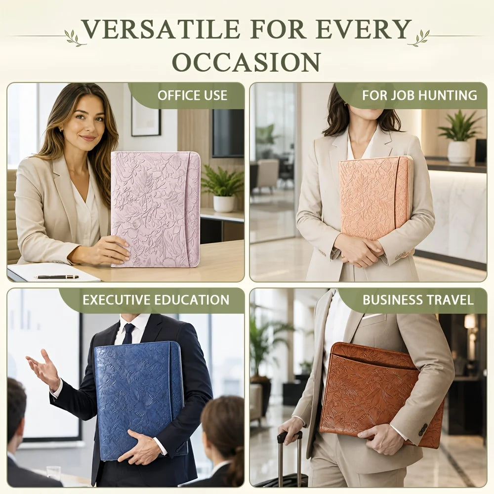 Embossed Faux Leather Padfolio — A4 Zipper Binder with Multi-Pocket Organization