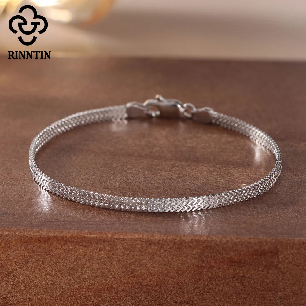Rinntin 925 Sterling Silver Flat Mesh Bracelet — Classic Unisex Bangle Chain