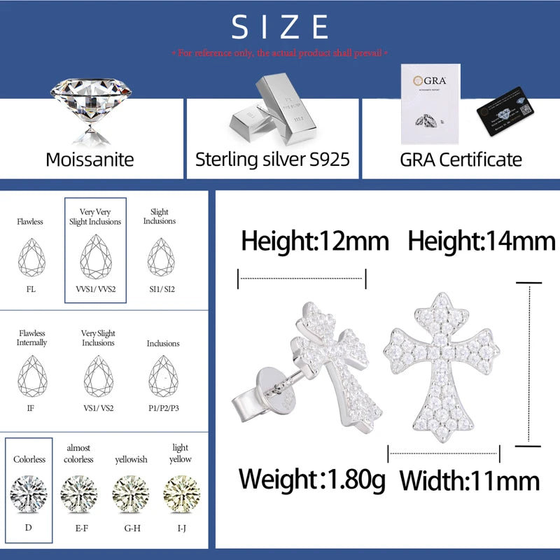 ICEOUTBOX Moissanite Cross Stud Earrings — S925 Sterling Silver Jewelry