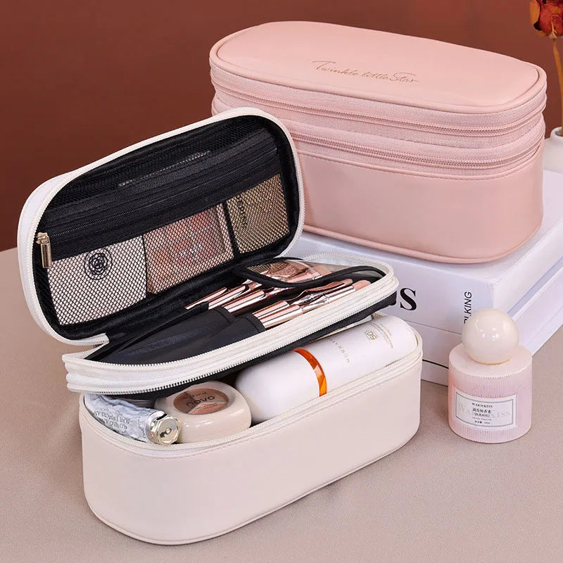 Double Layer Cosmetic Bag — Large Capacity PU Leather Makeup Organizer