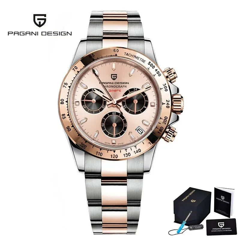 PAGANI DESIGN Luxury Chronograph Watch — Rose Gold Stainless Steel Sport Wristwatch