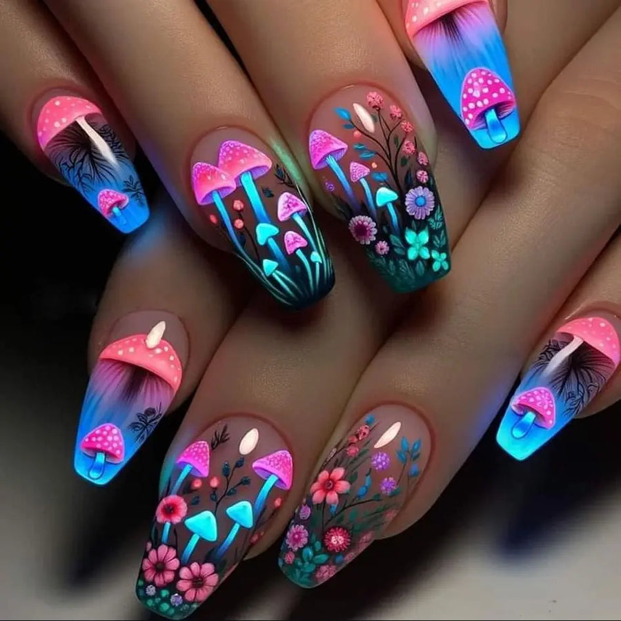 Mushroom Design Press On Nails — Medium Coffin Style False Nails