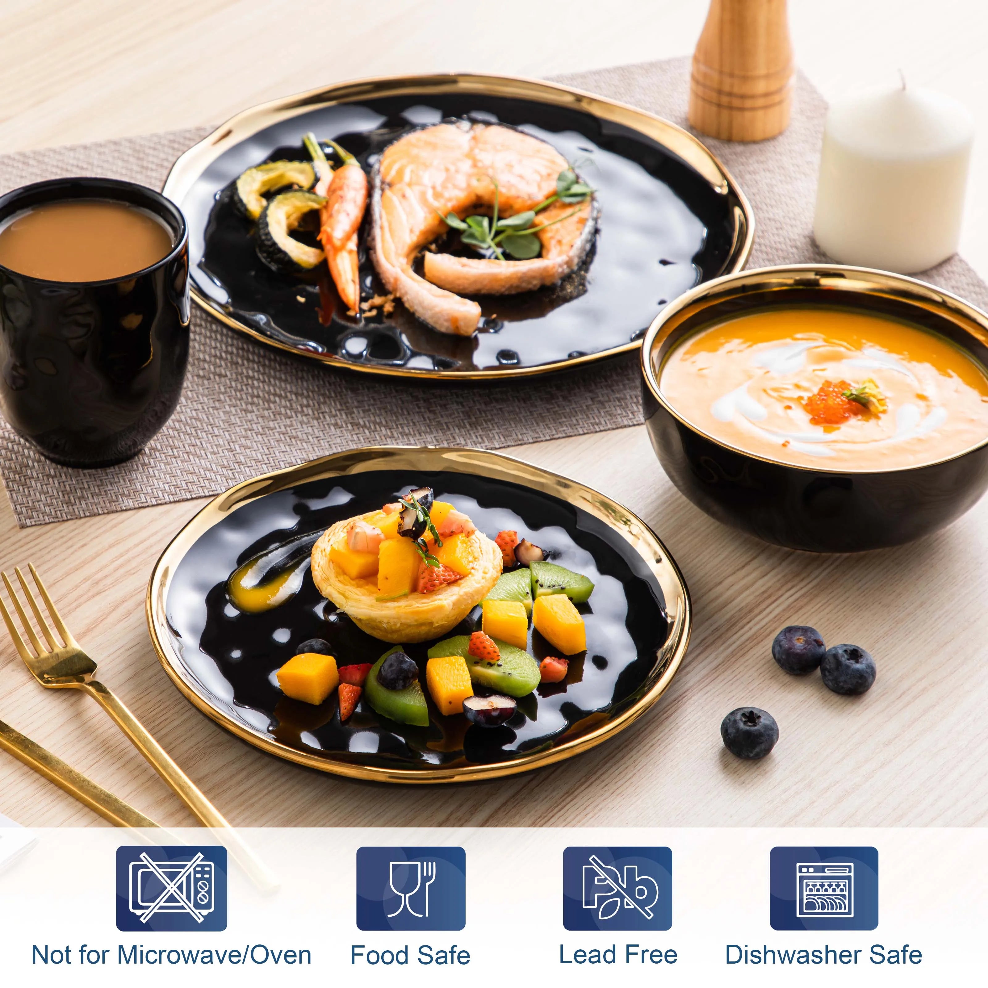 MALACASA Black Porcelain Dinnerware Set — Elegant Gold Trim Tableware