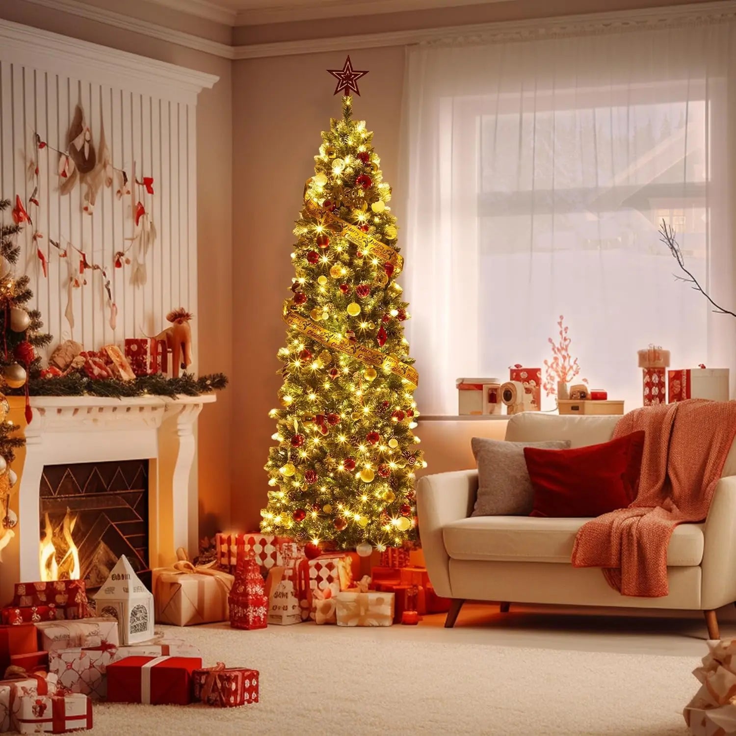 Pre-Lit Slim Pencil Artificial Christmas Tree — Space-Saving Holiday Decor