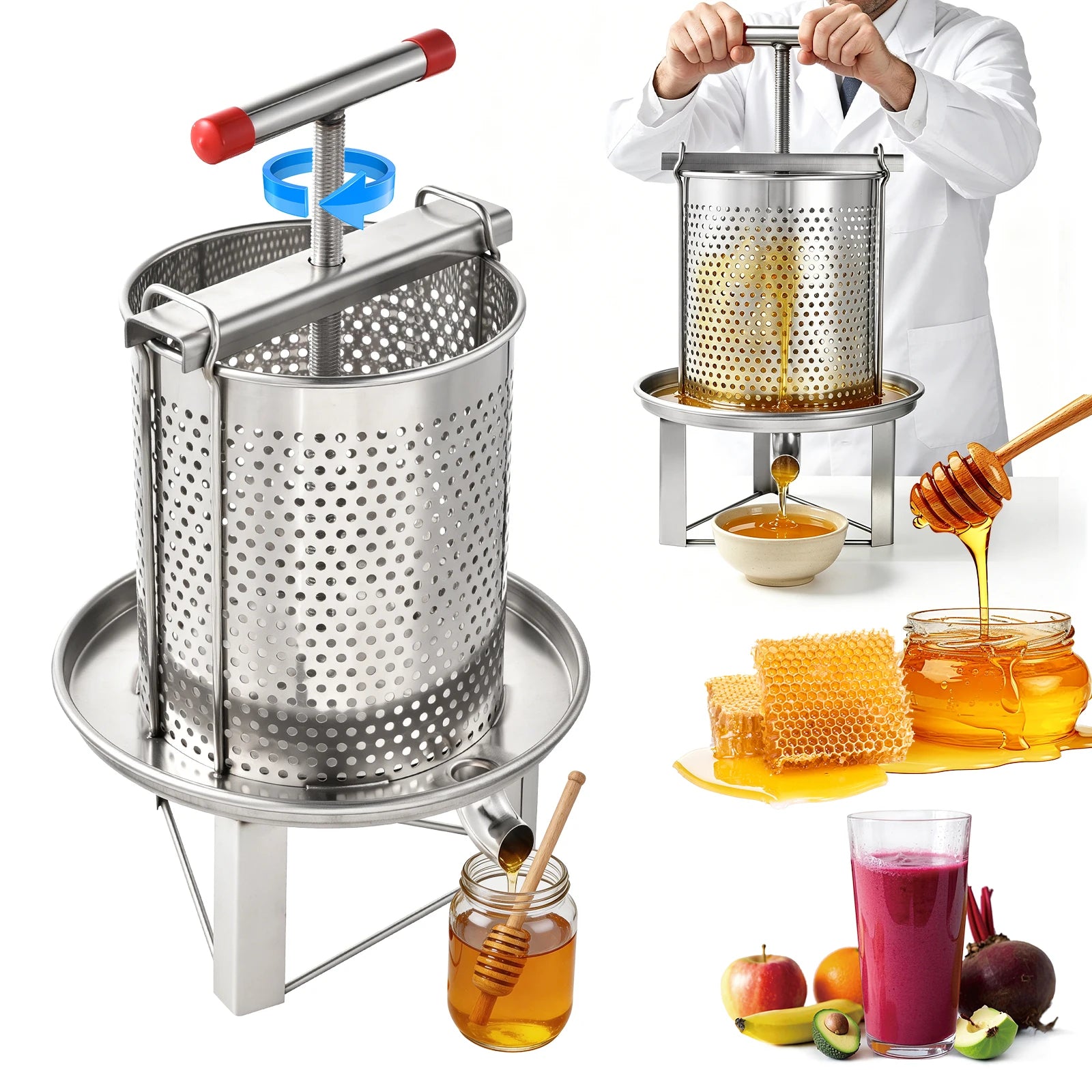 Manual Honey Extractor — Stainless Steel Beeswax Separator & Juice Press