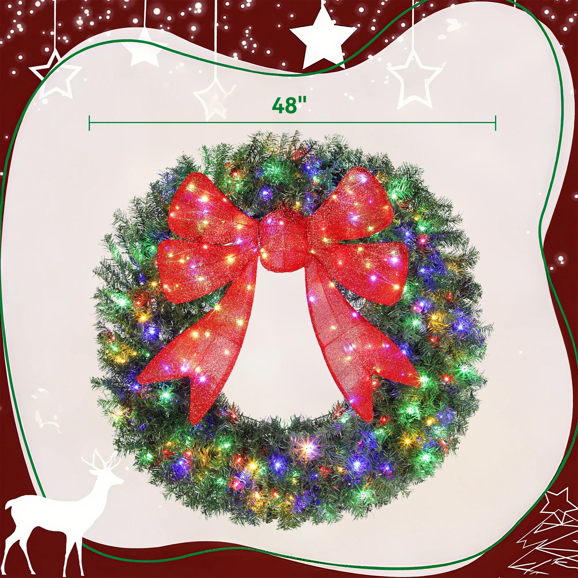 HOMCOM 48in Flocked Christmas Wreath — Pre-Lit with 3D Red Bow
