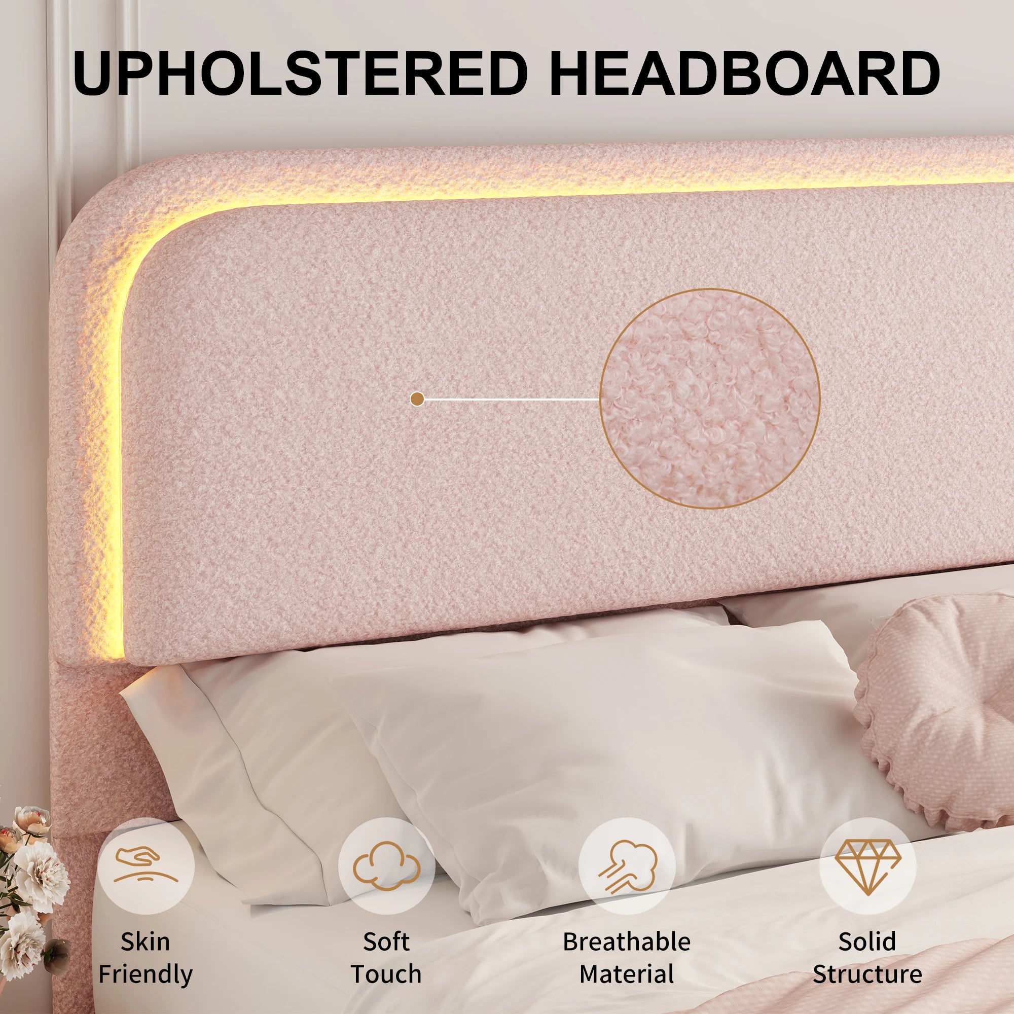 SIBEDS Teddy Fleece Upholstered Bed Frame — Modern Cloud Design with LED Lights