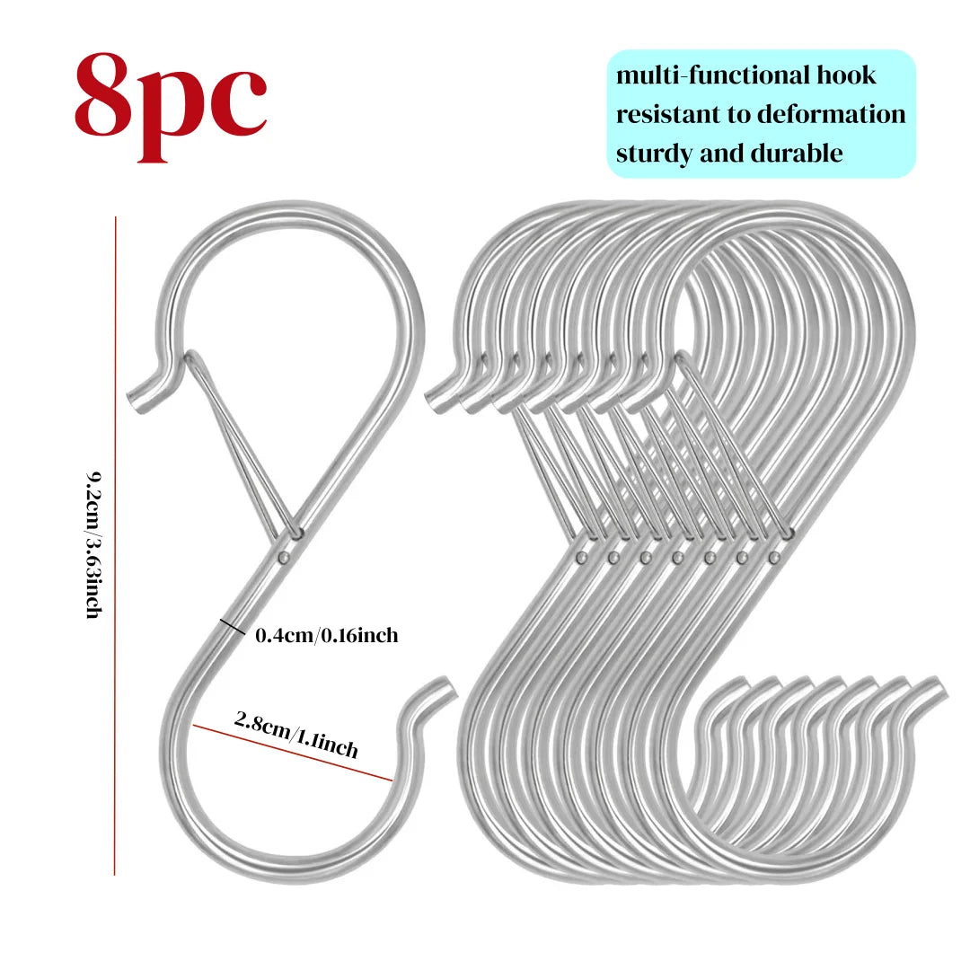 Stainless Steel S-Shaped Hooks — Heavy Duty Hanging Clips with Safety Buckles