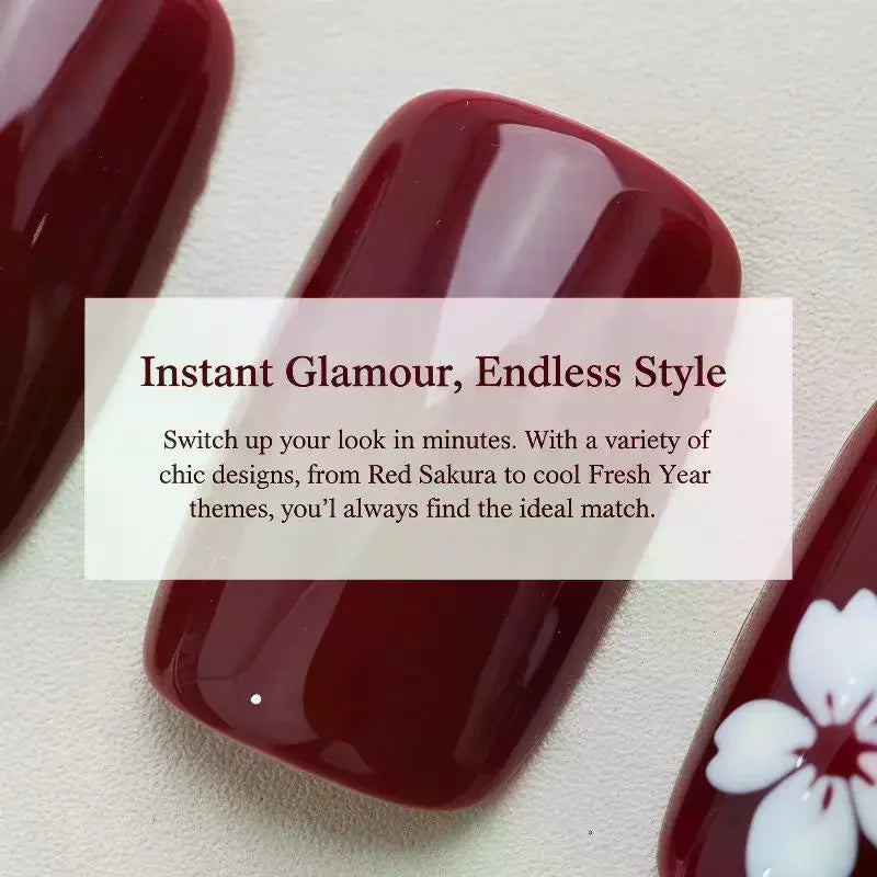 Red French Tip Press On Nails — Floral Design Full Cover Fake Nails