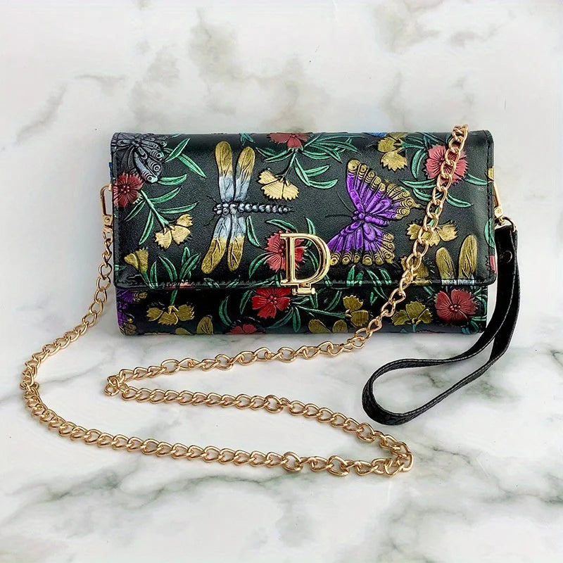 Floral Embossed Leather Clutch — Convertible Crossbody Bag with Chain