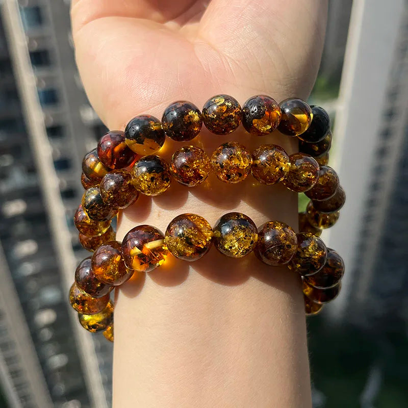 Yoowei Natural Baltic Amber Bracelet — Round Piebald Gemstone Jewelry