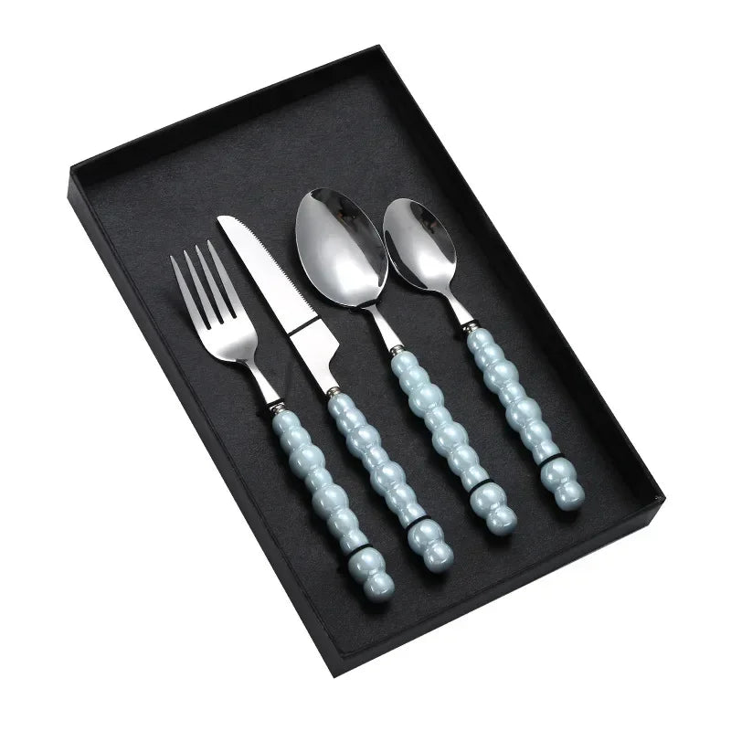 Luxury Ceramic Pearl Handle Cutlery Set — Stainless Steel Spoon and Fork Set