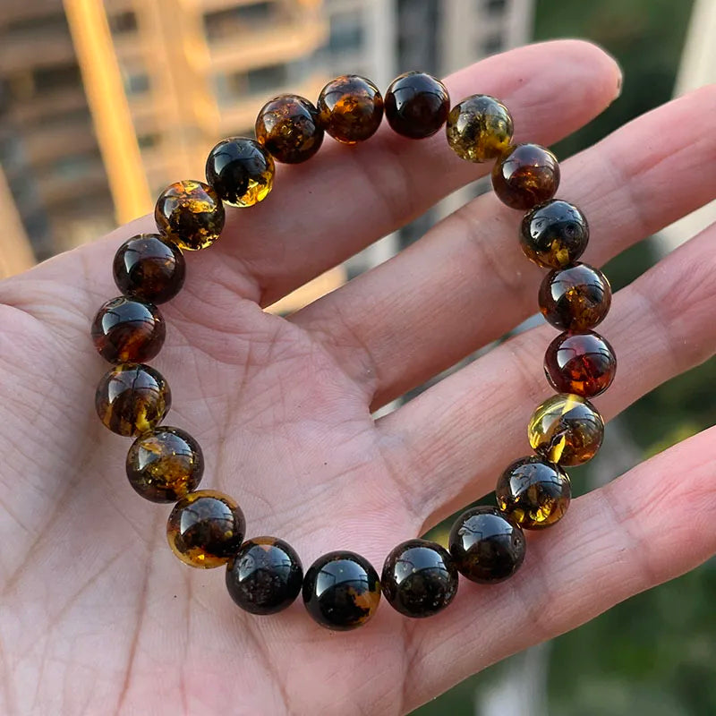 Yoowei Natural Baltic Amber Bracelet — Round Piebald Gemstone Jewelry
