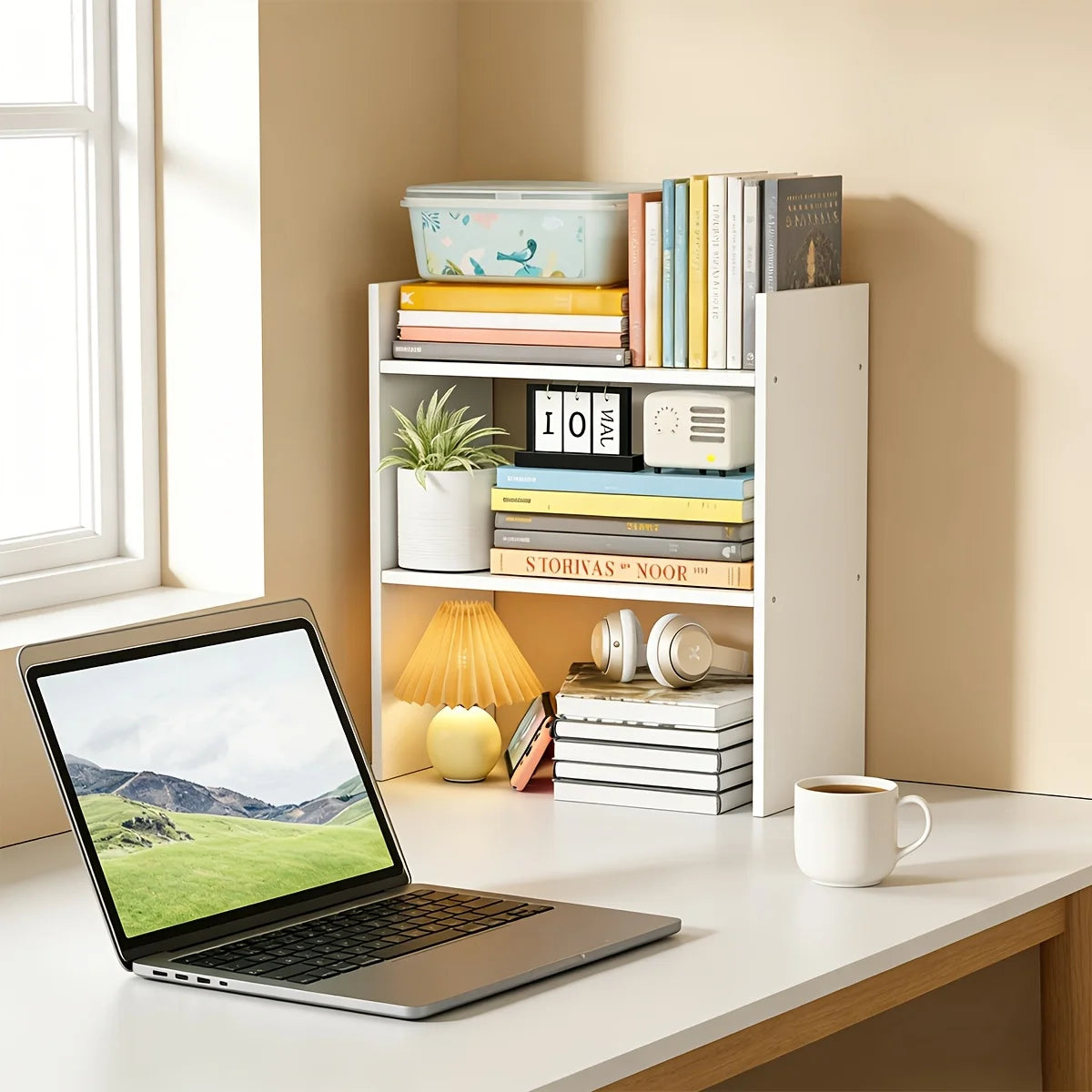 3-Tier Desktop Bookshelf Organizer — White Wooden Tabletop Storage Shelf