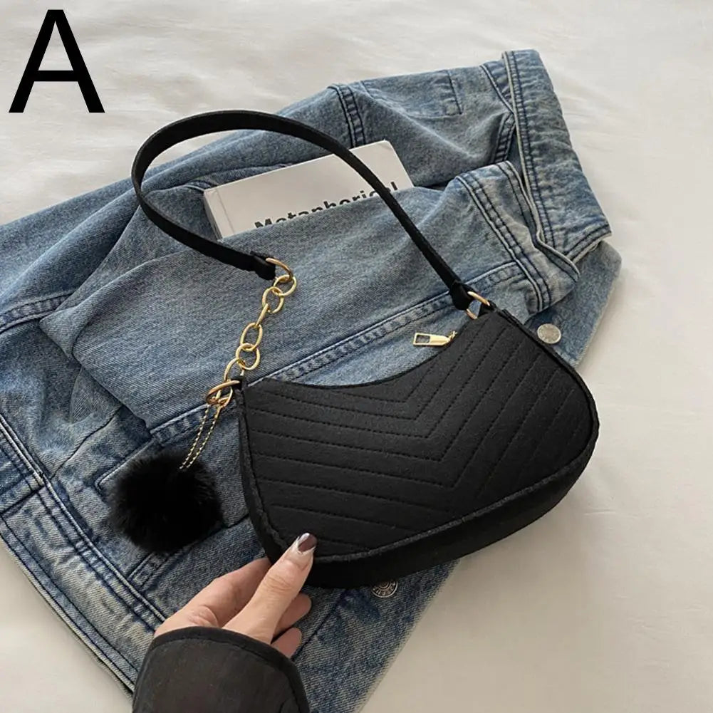 Mini Felt Shoulder Bag — Stylish Underarm Handbag with Pom-Pom Detail