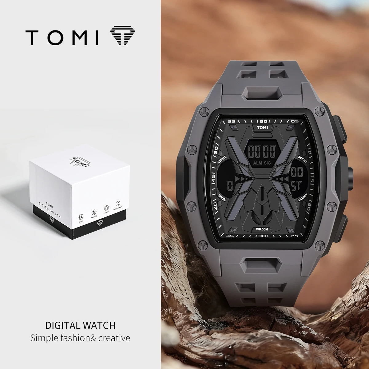 TOMI Men's Mecha Style Digital Watch — Breathable Silicone Sports Wristwatch