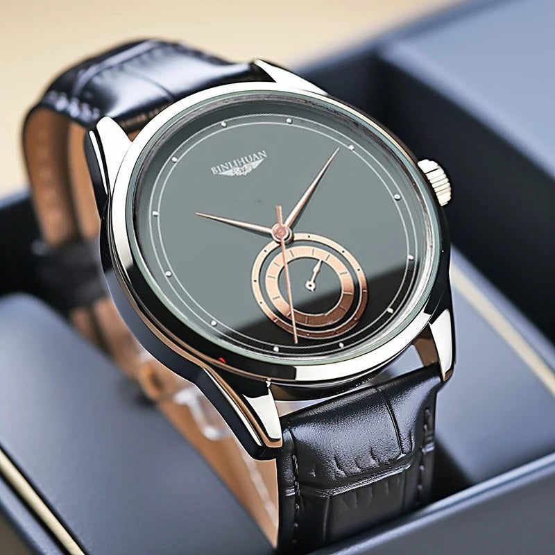 Men's Black Leather Quartz Watch — Elegant Business & Casual Timepiece
