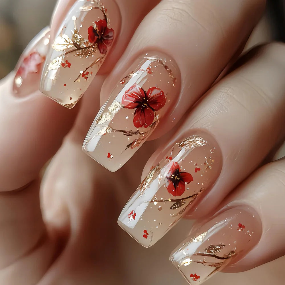 Pink Floral Press-On Nails — Short Almond French Tip Fake Nail Set