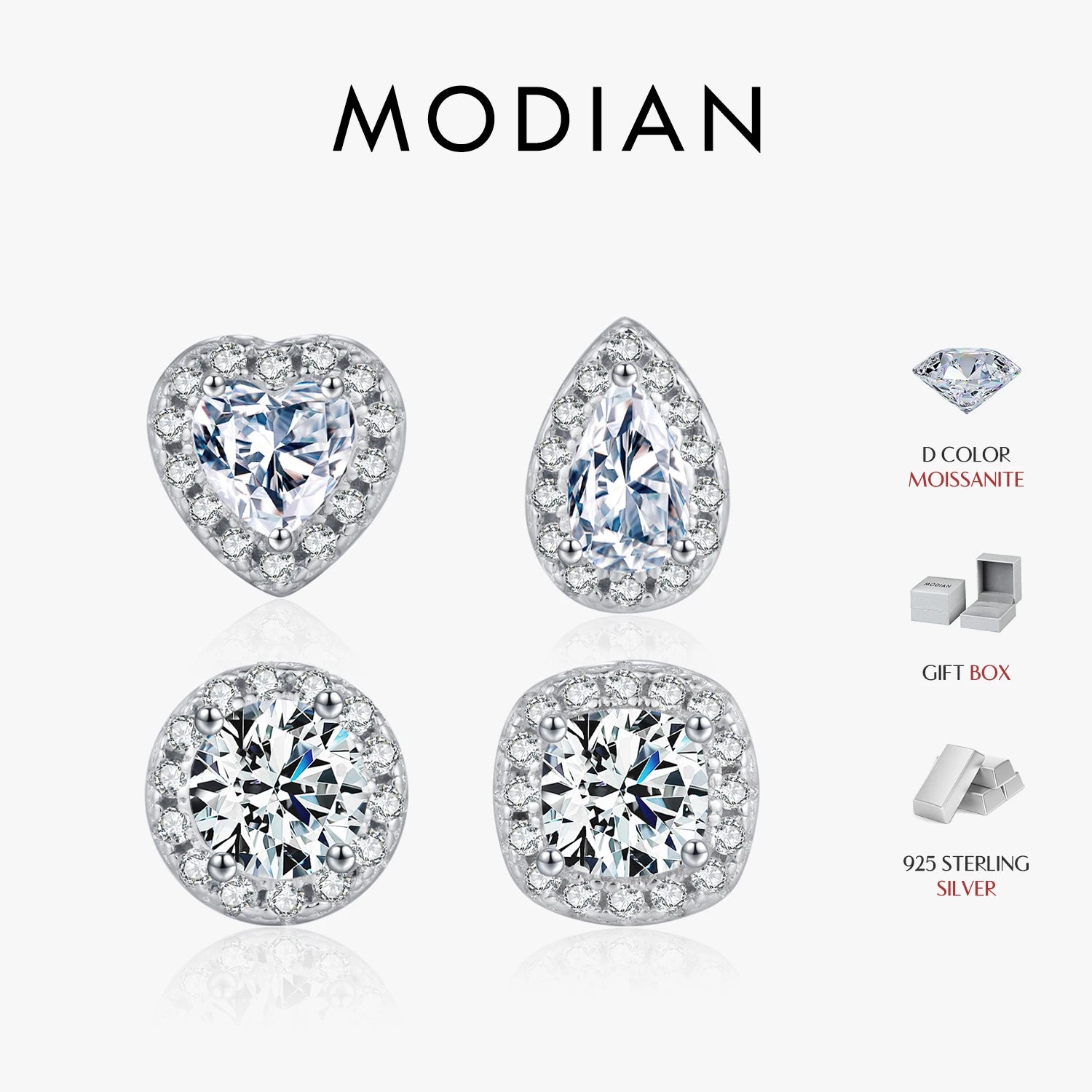 MODIAN Moissanite Stud Earrings — 925 Sterling Silver Geometric Jewelry
