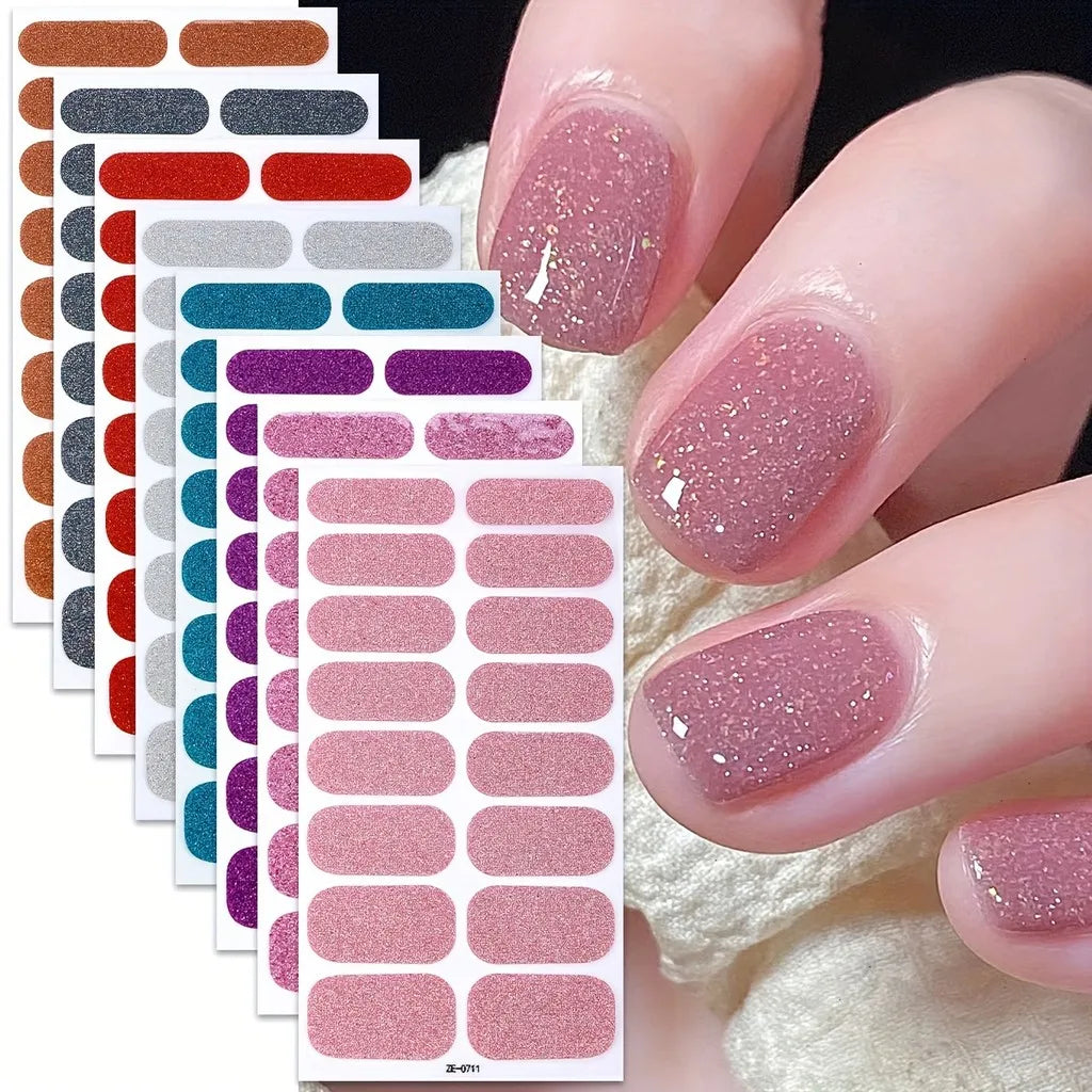 Pink Glitter Nail Wrap Stickers — Self-Adhesive Gel Decals for DIY Manicure