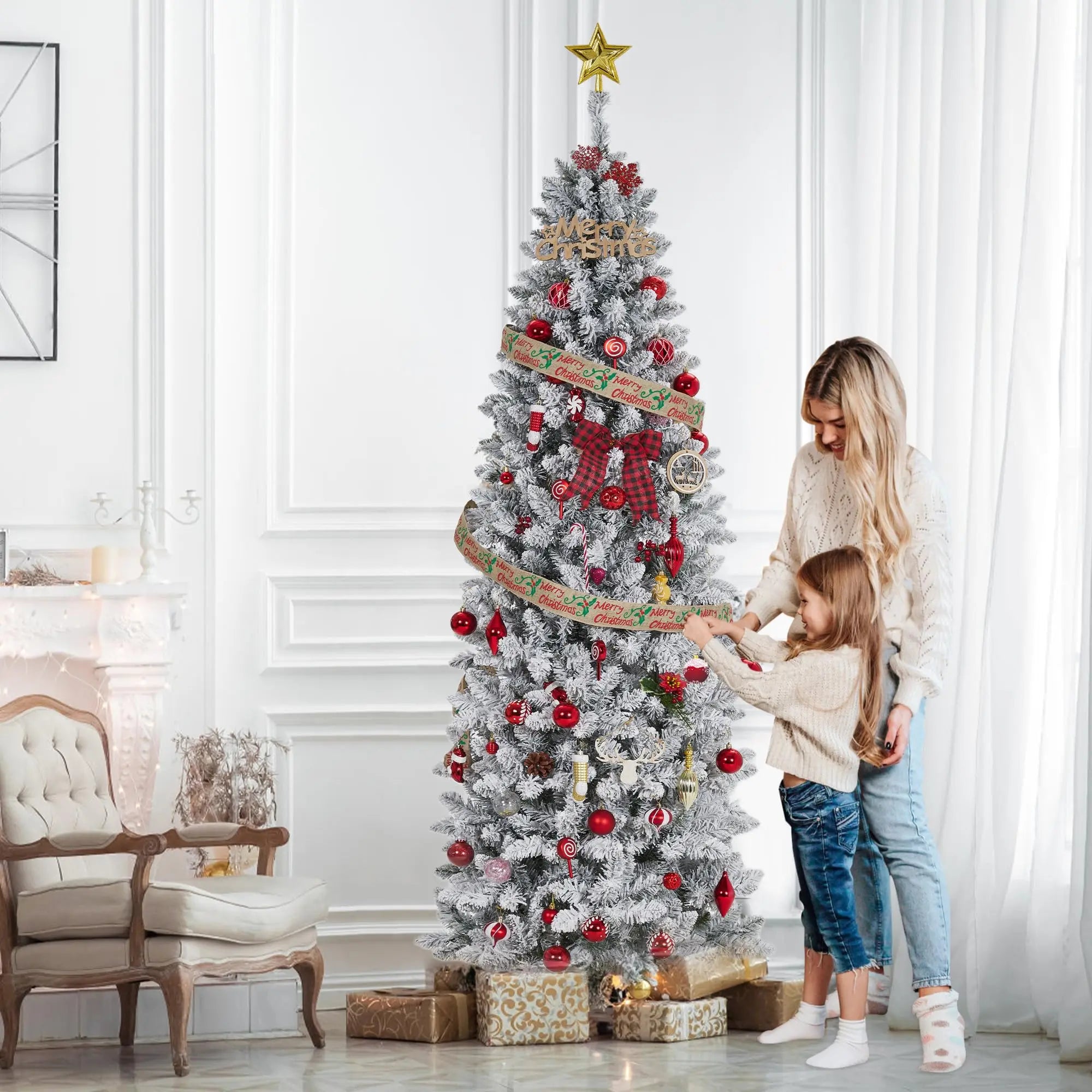 GAOMON Snow Flocked Slim Pencil Christmas Tree — Pre-Lit LED Holiday Decor