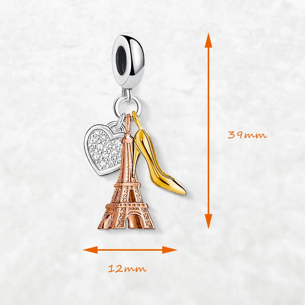 Thaddaeus Eiffel Tower & Heart Charm — 925 Sterling Silver Zircon Pendant