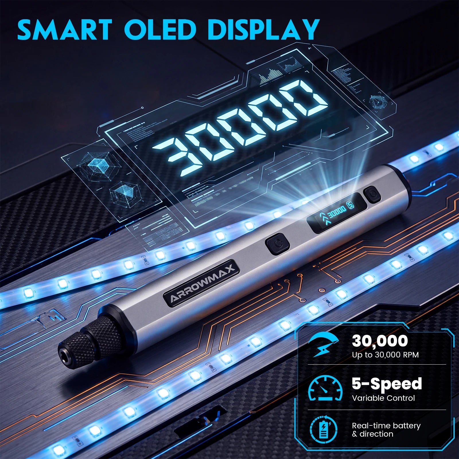 ARROWMAX Cordless Engraving Pen Kit — 30000 RPM Rotary Tool with 30 Bits