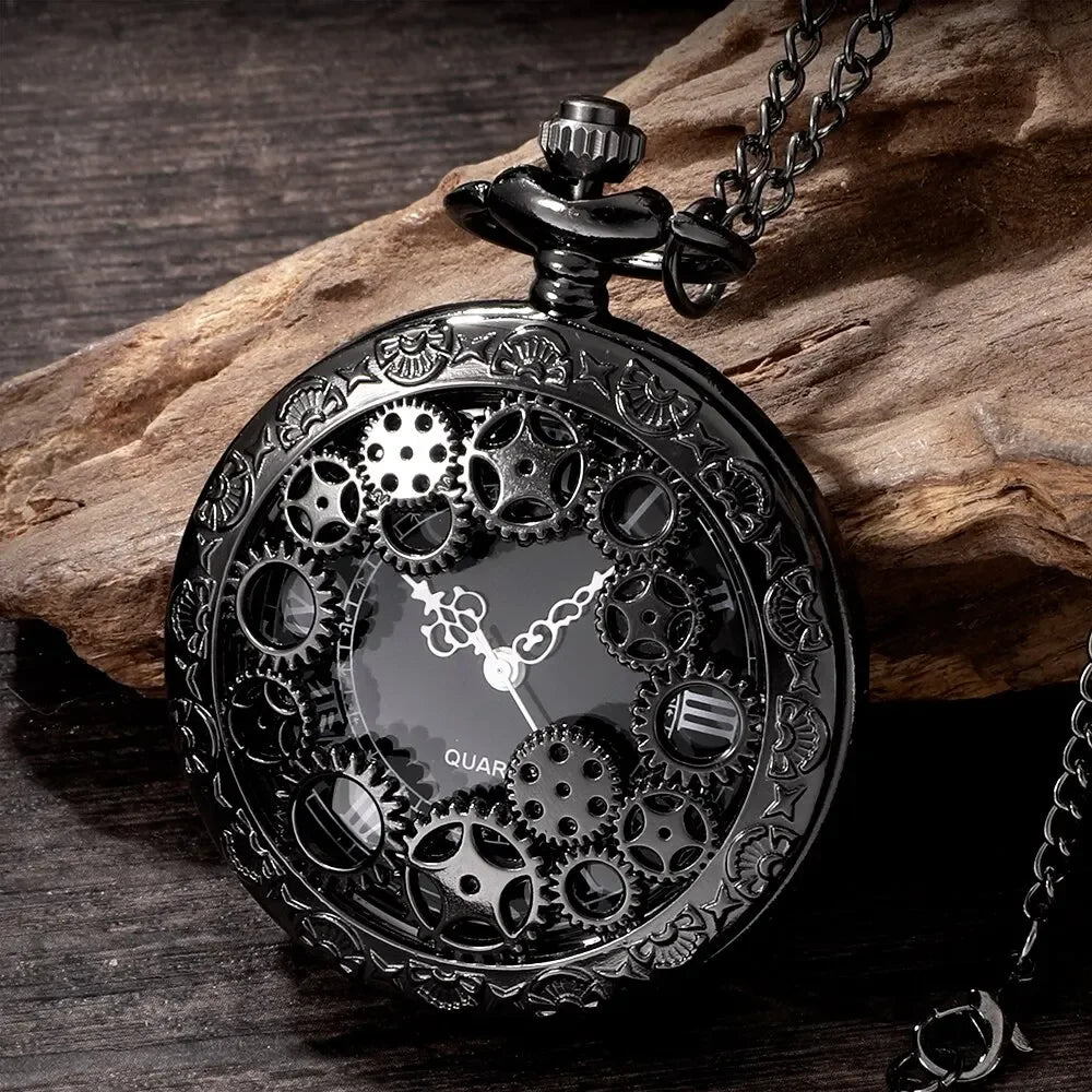 Vintage Steampunk Gear Pocket Watch — Antique Hollow Design Pendant with Chain